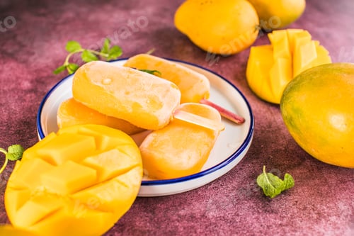 Preview: Mango banana popsicles with fresh fruits, flat lay top view
