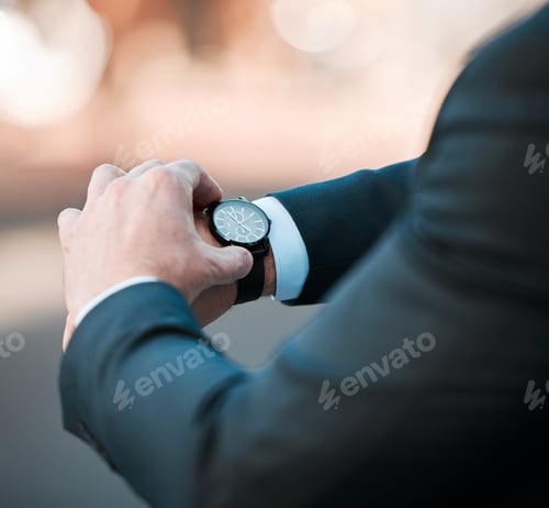 Preview: Businessman, watch and check time on clock for travel in city with a schedule, delay or entrepreneu