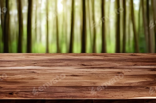 Preview: Wooden Tabletop Surface Against Forest Backdrop
