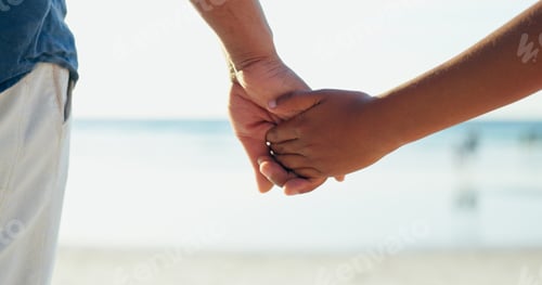 Preview: Man, child or holding hands for love, care or bonding together as happy family on summer vacation.
