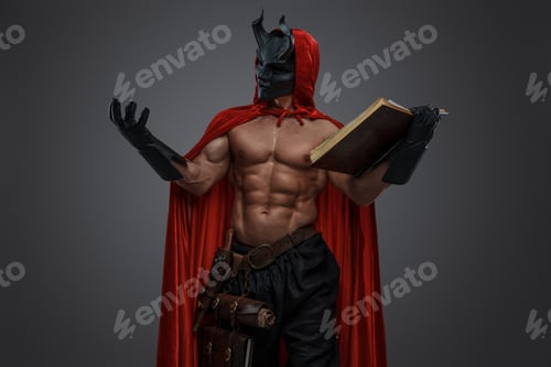Preview: Dark cultist with muscular body and horned mask holding book