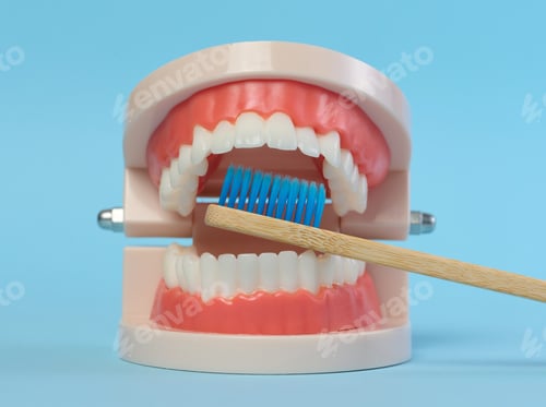 Preview: Wooden toothbrush and plastic model of dental jaw with white teeth on a blue background
