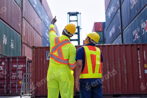 Preview: Engineer working in container storage yard fly drone looking top view check container arrangement