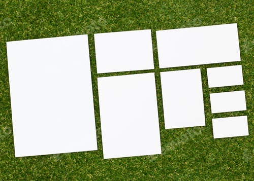 Preview: Various blank sheets of paper arranged on grass during daylight hours for creative use