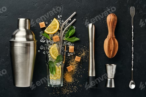 Preview: Mojito or Lemonade cocktail in highball glass with ice cubes, mint and lime on black stone backgroun