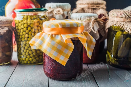 Preview: Preserved vegetables on wooden background