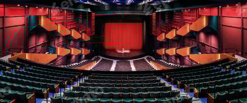 Preview: Empty theatre auditorium, stage with a red curtain, boxes and modern design.