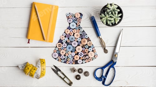Preview: flat lay with dress made of buttons, notebook, pencil and tailoring items on wooden surface