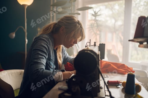 Preview: Tailor woman sitting and sewing on a sewing machine a in studio