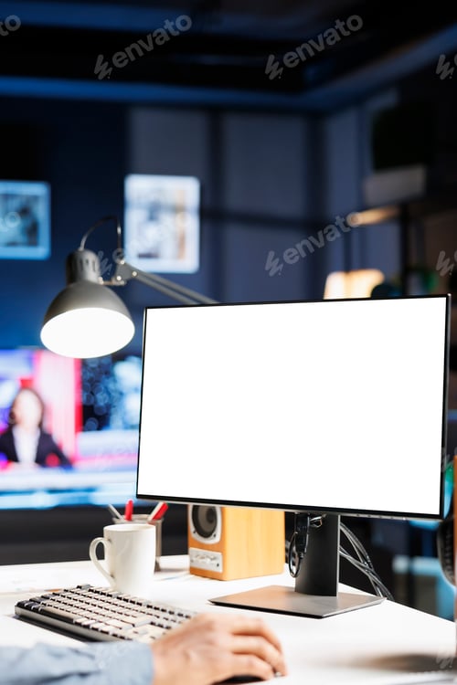 Preview: Remote worker looking at white template on pc monitor