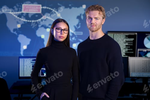 Preview: Professional and confident cyber security team in front of dark cybersecurity SIEM system with logs