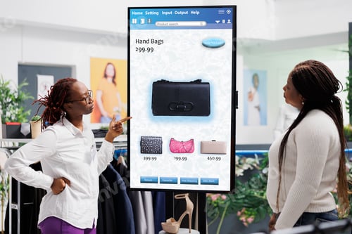 Preview: Store assistant showing items to woman