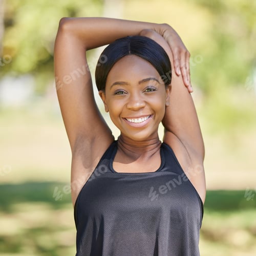 Preview: Black woman, fitness or stretching arms in nature park for healthcare wellness, relax exercise or w