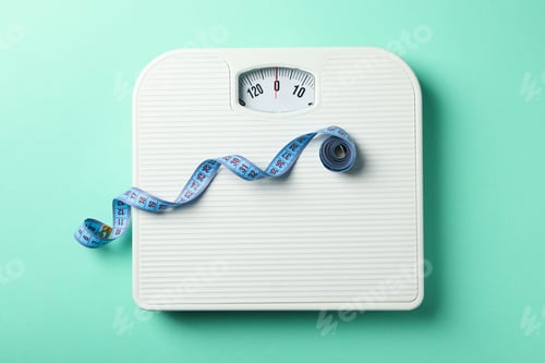 Preview: Scales and measuring tape on mint background. Weight loss concept