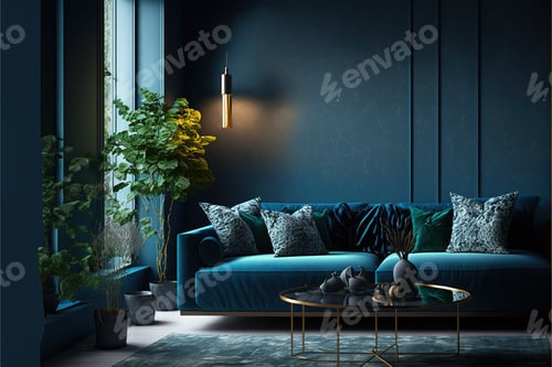 Preview: Living room interior with blue color, sofa, table, and a house plant around
