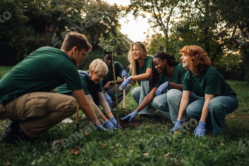 Preview: Group of volunteers planting a tree in the park