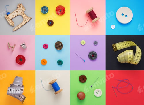 Preview: sewing tools and accessories at paper background texture