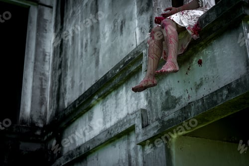 Preview: Zombie woman or ghost death with blood on house of ruin nightmare, horror