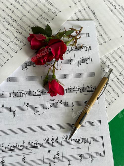 Preview: Music sheets with red roses and pen