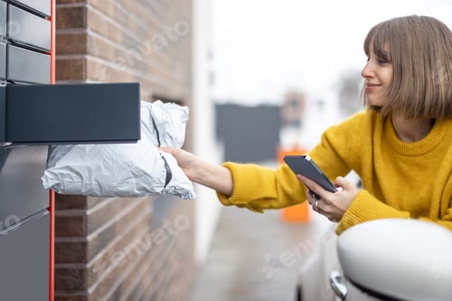 Preview: Woman getting parcel from the post office terminal right out of the car window on the go
