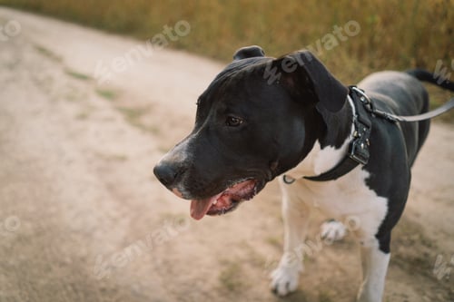 Preview: Human and a dog. Teengirl and her friend staffer dog on the field background
