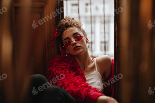 Preview: Self confident in red jacket sitting on balcony