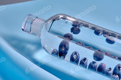 Preview: A glass bottle of pure water with blueberries.