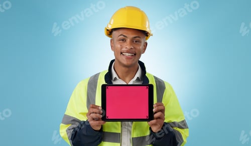 Preview: Engineering man, tablet screen and mockup for industrial presentation of renovation, architecture o
