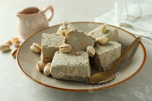 Preview: Concept of tasty food with halva on light background