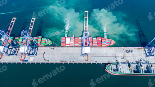 Preview: Tug boat pulling Cargo container ship go to international yard port.