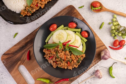 Preview: Spicy minced pork and rice on a black plate.