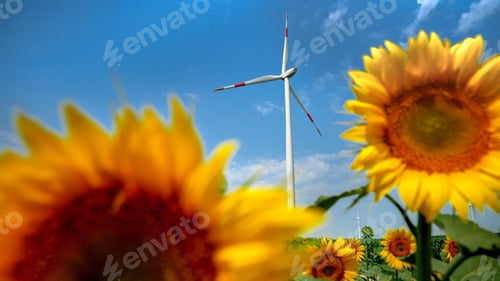 Preview: The beauty of nature and technology: Sunflower closeup with wind power turbines electric windmills
