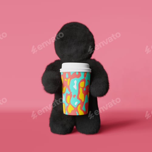 Preview: Cute plush black Yeti paper coffee cup Tea shop discount creative sale banner. Contemporary content
