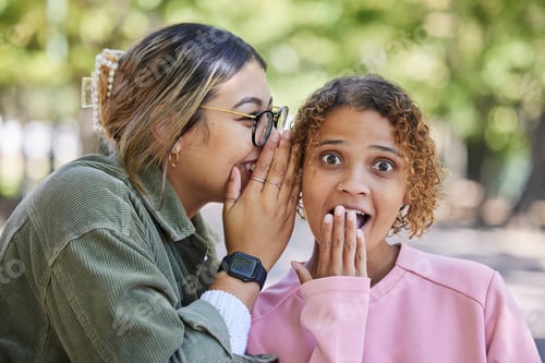 Preview: Women in park, gossip and secret conversation together with surprise news, excited discussion and c