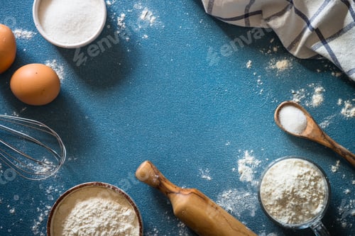 Preview: Baking background ingredients. Flour, sugar, eggs and rolling pin at blue stone table.