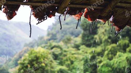 Preview: Rain is falling from the grass hut roof in countryside
