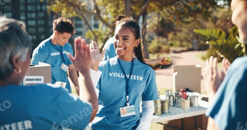 Preview: Outdoor, volunteer and friends with high five, help and goals for donations, charity and support. N
