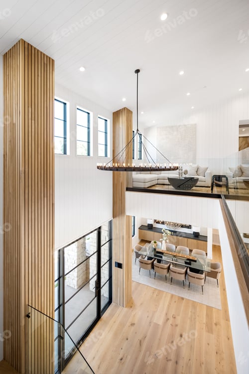 Aperçu: Modern interior design with large windows and wooden accents
