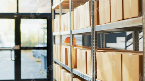 Preview: Multiple crdboard boxes placed on racks and shelves