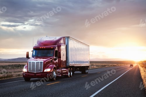 Preview: 3/4 front view of a commercial truck on the road at sunset in eastern Washington, USA