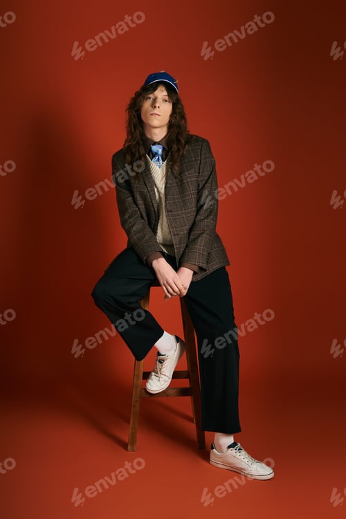 Preview: Stylish young man showcases modern fashion with a confident pose against a vibrant backdrop