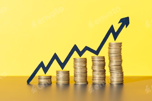 Preview: Stacks of coins with rising arrow indicating wealth, business growth