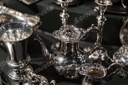 Vista previa: Vintage silver tea set with silverware around