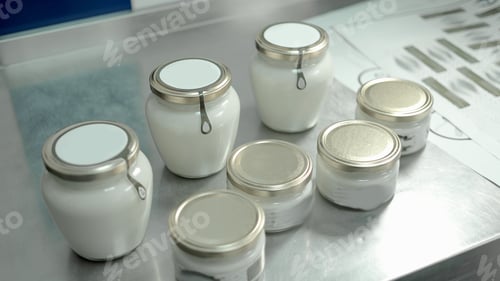 Preview: Jars with natural sour cream at dairy factory.