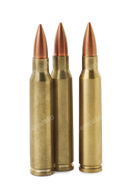 Preview: Three bullets on white background. Military ammunition