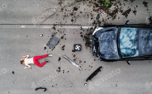 Preview: Young injured woman lying on the road after a car accident, unconscious.