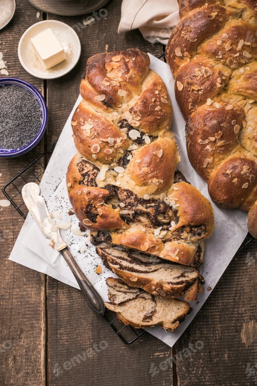 Preview: Tsoureki braid, greek easter sweet bread, on wood