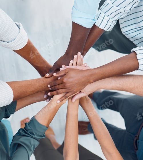 Preview: Diversity, hands and team above in support, trust and unity for collaboration, agreement or meeting