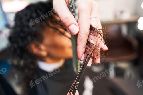 Preview: Professional hairdresser cutting hair of her client