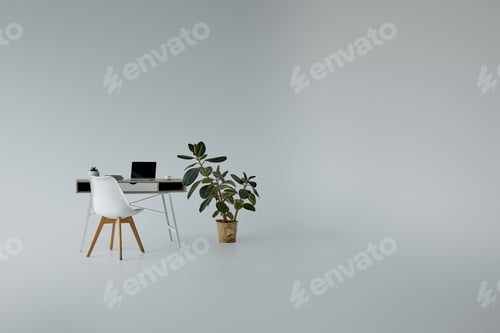 Preview: green ficus in flowerpot, table with laptop and white chair on grey background